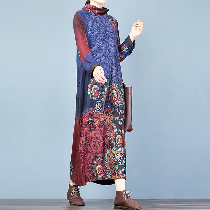 Buykud Printed Flocking Fashion Turtleneck Elegant Dress