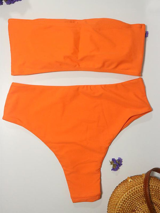 Solid Bandeau High Cut Bikinis Swimwear