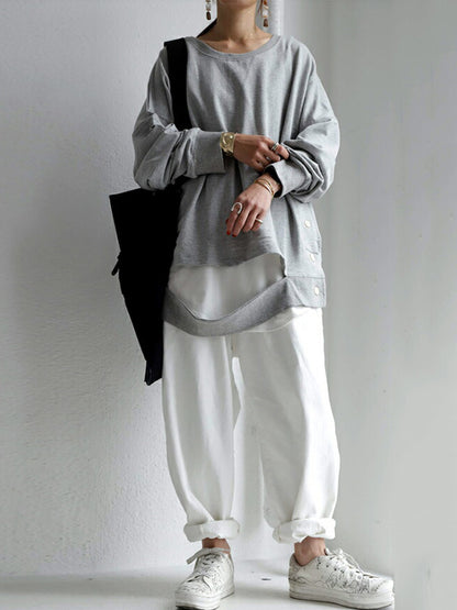 Casual Irregular Buttoned Solid Color Round-Neck Long Sleeves T-Shirt