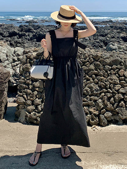 Fashion Elastic High Waisted Spaghetti-Neck Midi Dress