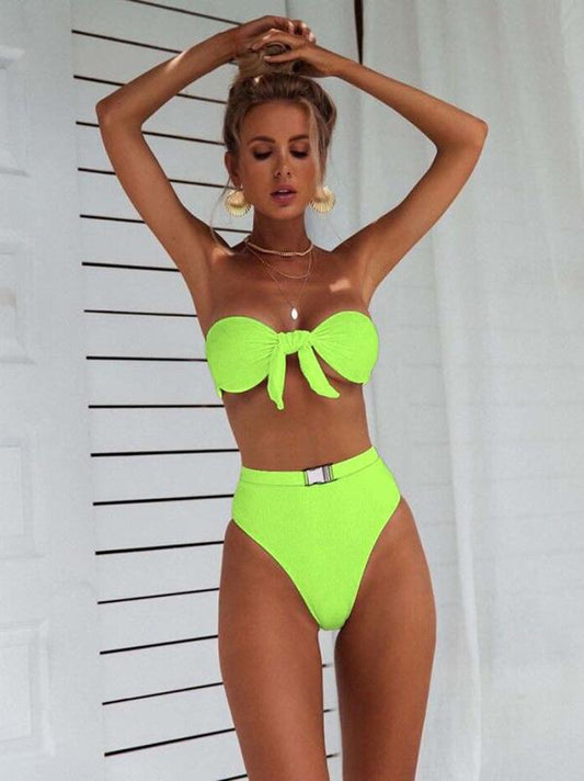 Leopard Print Bowknot High Waisted Bikini Swimsuit