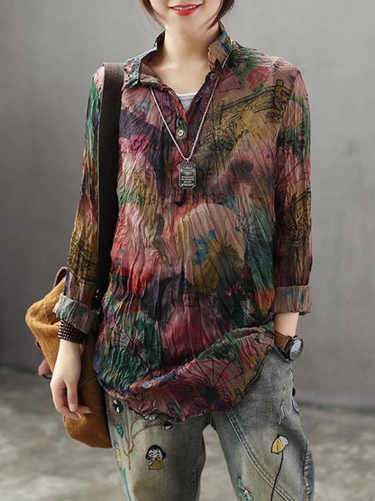 High-low Vintage Loose Printed Blouse Top