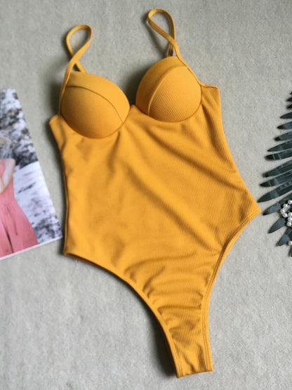 Plain Ribbed One-piece Swimwear