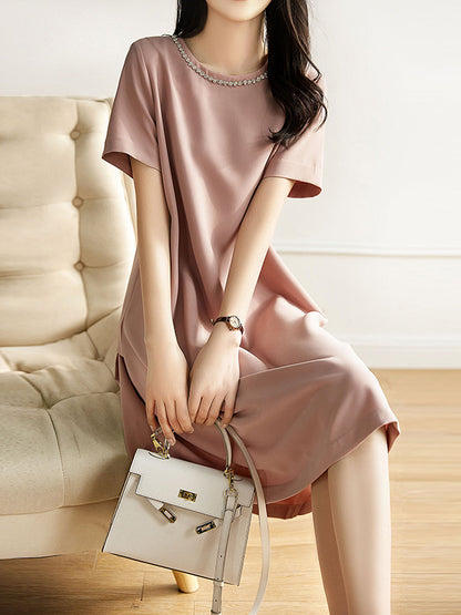 Simple Solid Color H-Line Back-Zipper Round-Neck Midi Dress