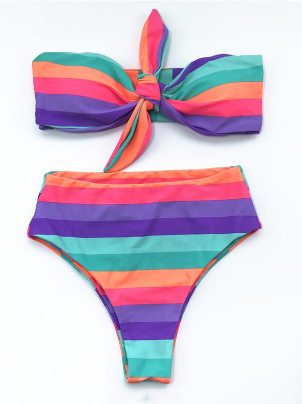Strapless Knotted Color Stripe Bikini Swimsuit