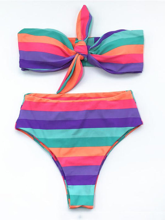 Strapless Knotted Color Stripe Bikini Swimsuit