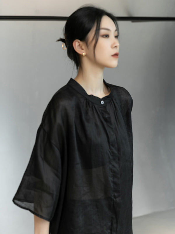 Linen Black&White Round-Neck Flared Sleeves T-Shirt
