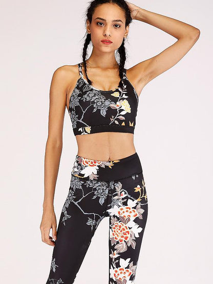 Floral Printed Spaghetti-neck Tank And Legging Yoga Suits