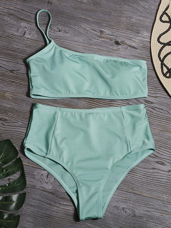 One-Shoulder Solid Color Split Bikini Swimsuit