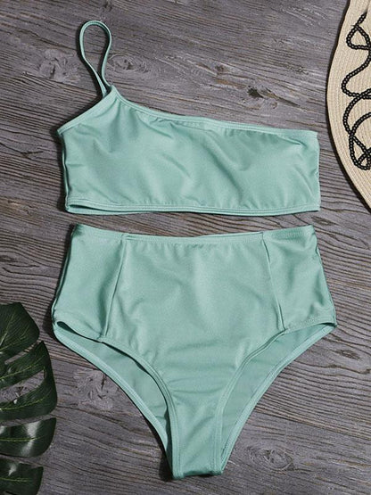 One-Shoulder Solid Color Split Bikini Swimsuit