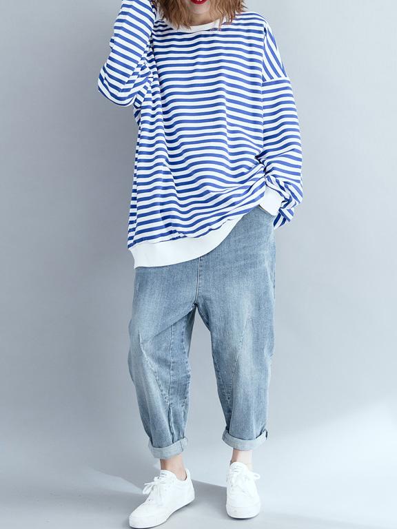 Loose Stripes Plus Size Printed Hoodies Top