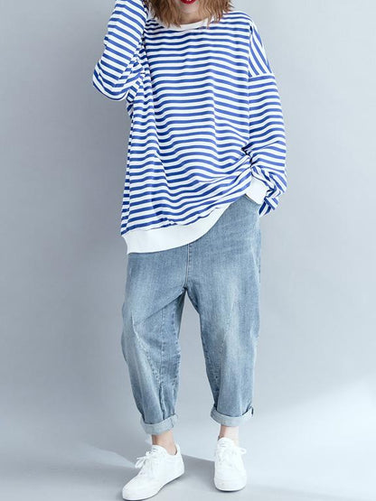 Loose Stripes Plus Size Printed Hoodies Top