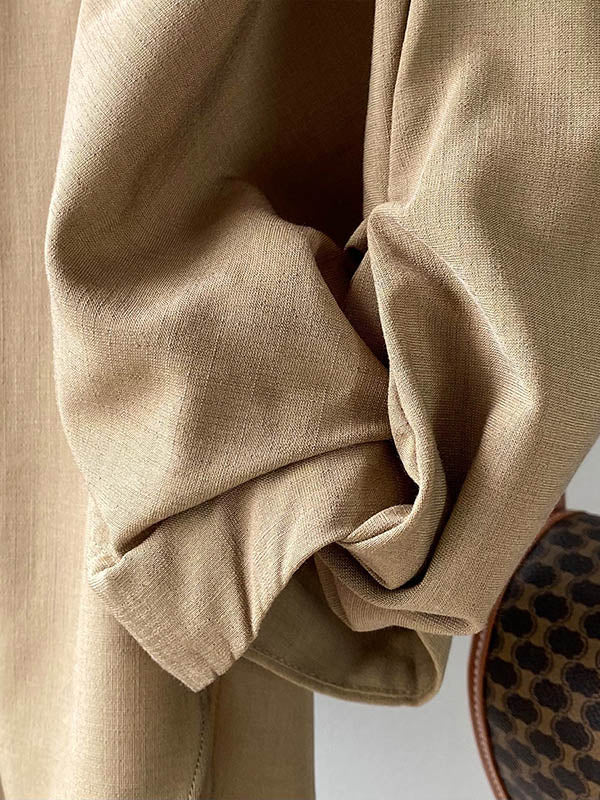 Casual Solid Color Pleated Buttoned Round-Neck Puff Sleeves Blouse