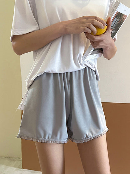 Simple Solid Color Split-Joint Lace Pajama Shorts