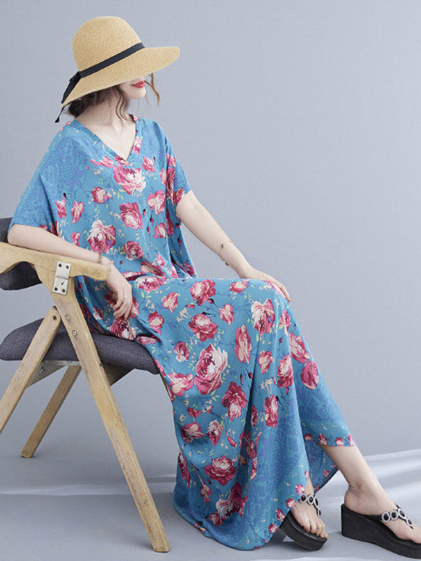 Loose Floral Printed V-Neck Short Sleeves Maxi Dress