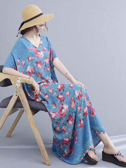 Loose Floral Printed V-Neck Short Sleeves Maxi Dress