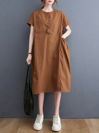 Casual Solid Color Round-Neck With Pocket Midi Dress