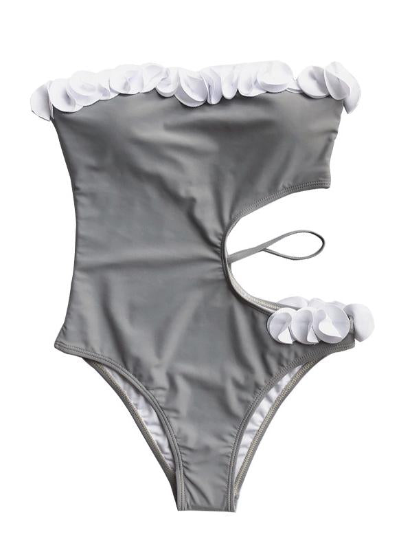 Lace Asymmetric Bandeau One-Piece Swimwear