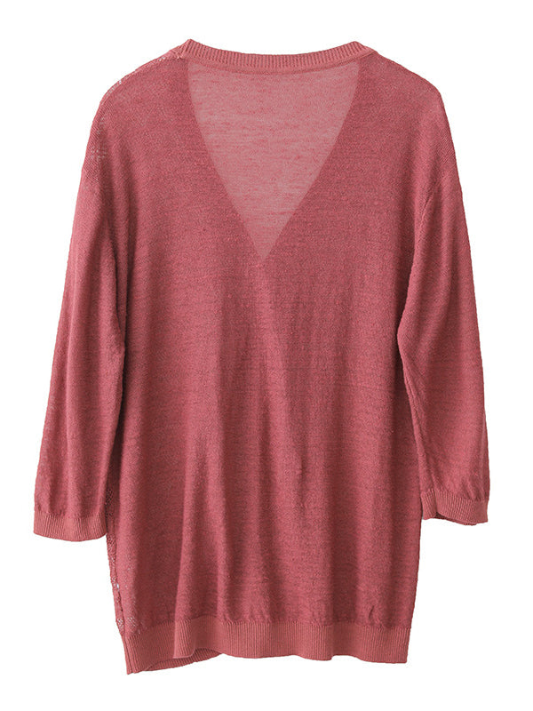 Loose Solid Color Linen Hollow Knitting Cardigan Top
