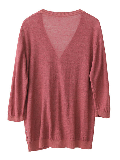 Loose Solid Color Linen Hollow Knitting Cardigan Top