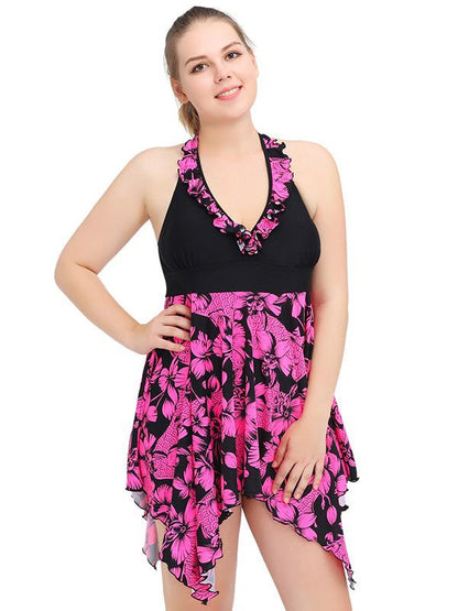 Halter-neck Floral Plus Size Skirt Swimwear