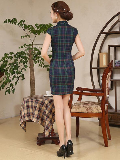 Red&Green Plaid Short Cheongsam Dress