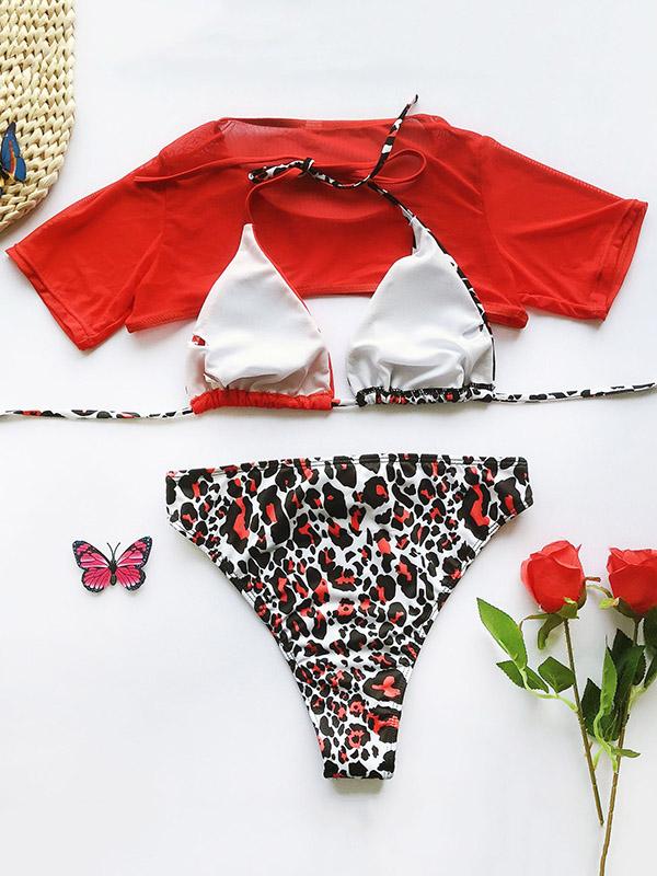 Sexy Net Yarn Leopard-Print Three-Piece Swimsuit