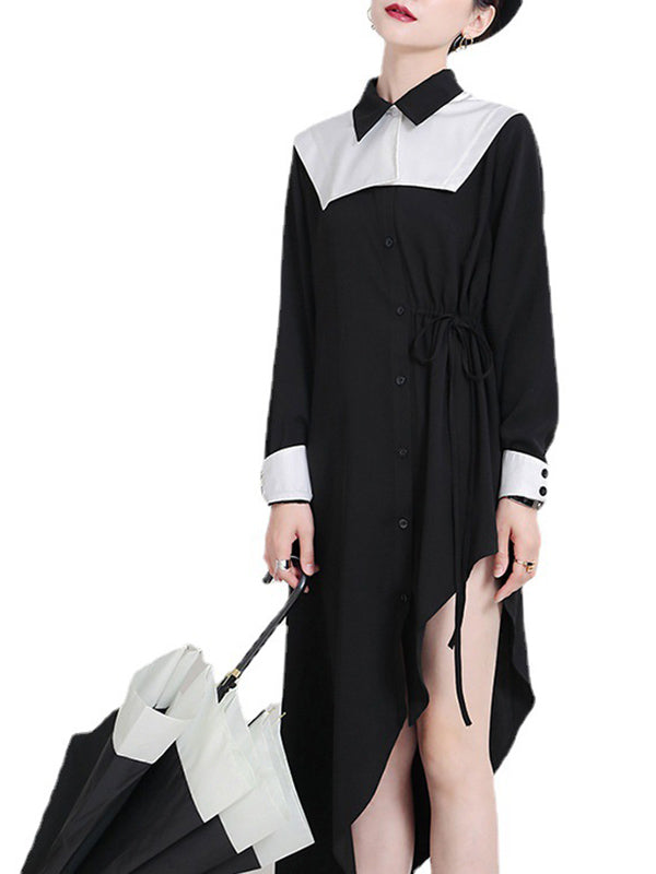 Original Irregular Split-Joint Buttoned Tied Lapel Collar Long Sleeves Midi Dress