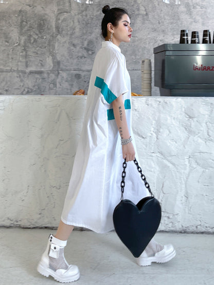 Original Loose Contrast Color Striped Printed Midi Shirt Dress