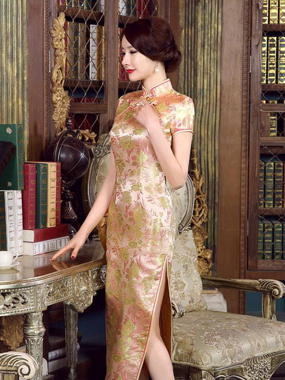 Khaki Floral Print Split-side Long Cheongsam Dress