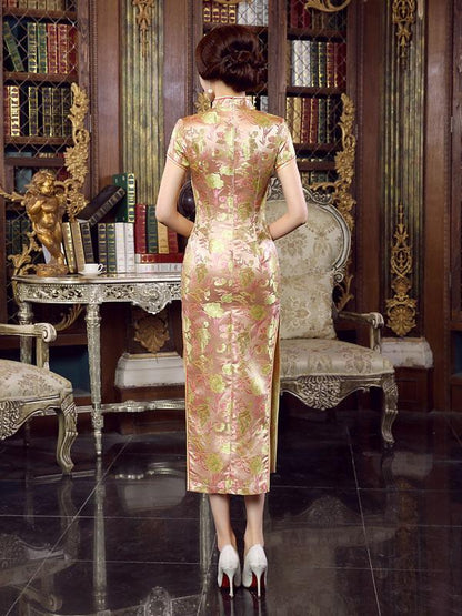 Khaki Floral Print Split-side Long Cheongsam Dress