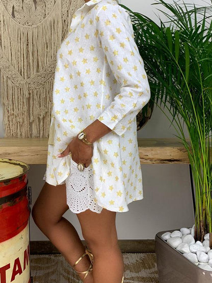 Lapel Star Printed Casual Blouses&Shirts Tops