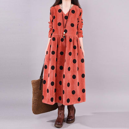 Autumn V-Neck Polka Dots Elegant Loose Dress
