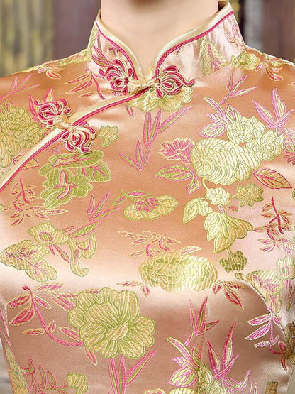 Khaki Floral Print Split-side Long Cheongsam Dress