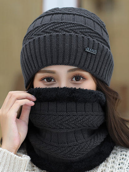 Winter Knitting Solid Color Keep Warm Scarf&Hat Two Pieces Set