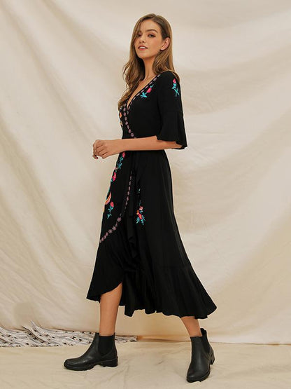 Embroidered V-neck Lace-up Dress