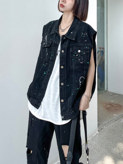 Original Denim Split-Joint With Pocket Splash Ink Buttoned Lapel Collar Sleeveless Vest Outwear