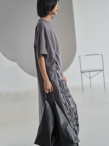 Casual Girlish Split-Side Pleated Half Sleeves Round-Neck Long T-Shirts
