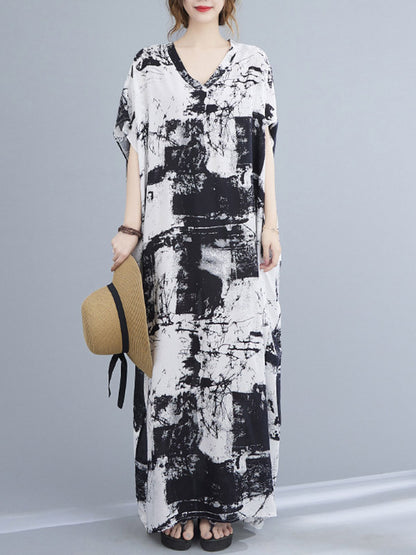 Original Ink-Printing V-Neck H-Line Maxi Dress