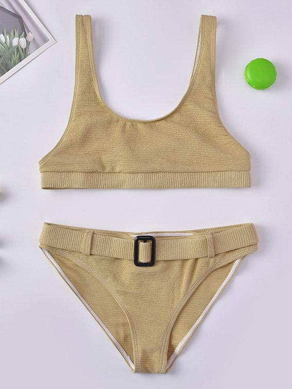 Solid Color Belted Split Bikini Swimsuit