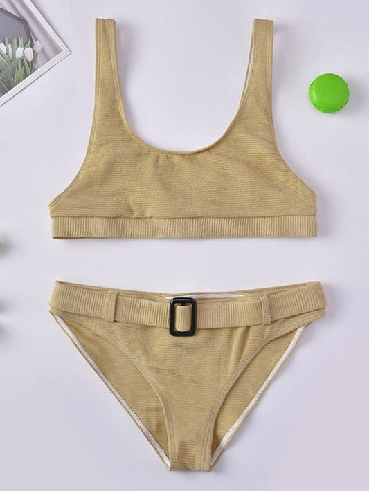 Solid Color Belted Split Bikini Swimsuit