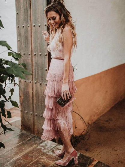 Spaghetti-neck Stacked Tassels Midi Dress