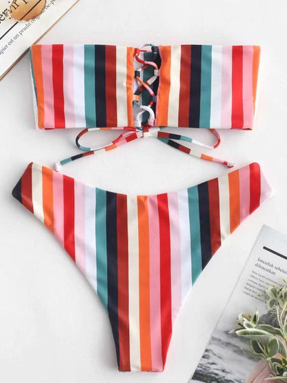 Bandeau Striped Bikini Swimsuit