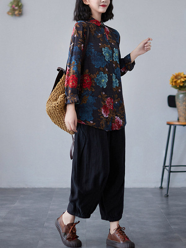 Artistic Retro Floral Printed Buttoned Lapel Collar Long Sleeves Blouse