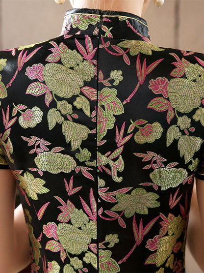 Black Floral Print Split-side Long Cheongsam Dress