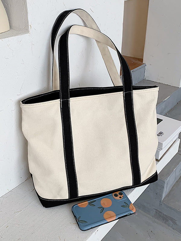 Simple Split-Joint Canvas Shoulder Bag Tote Bag