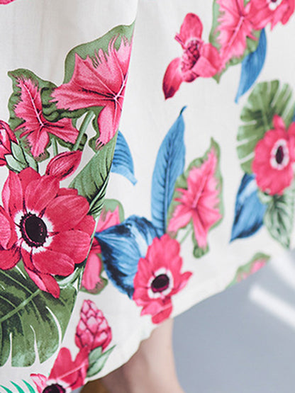 Artistic Retro Loose Floral Printed Pleated Round-Neck Half Sleeves Midi Dress