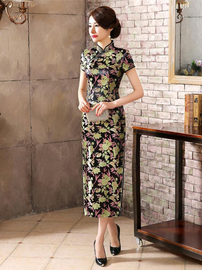 Black Floral Print Split-side Long Cheongsam Dress