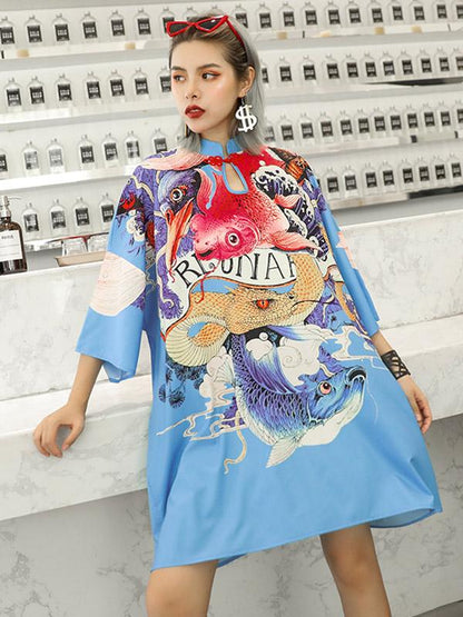 Vintage Loose Droplet-like Collar Printed Mini Dress