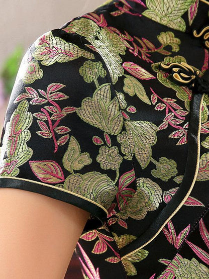Black Floral Print Split-side Long Cheongsam Dress